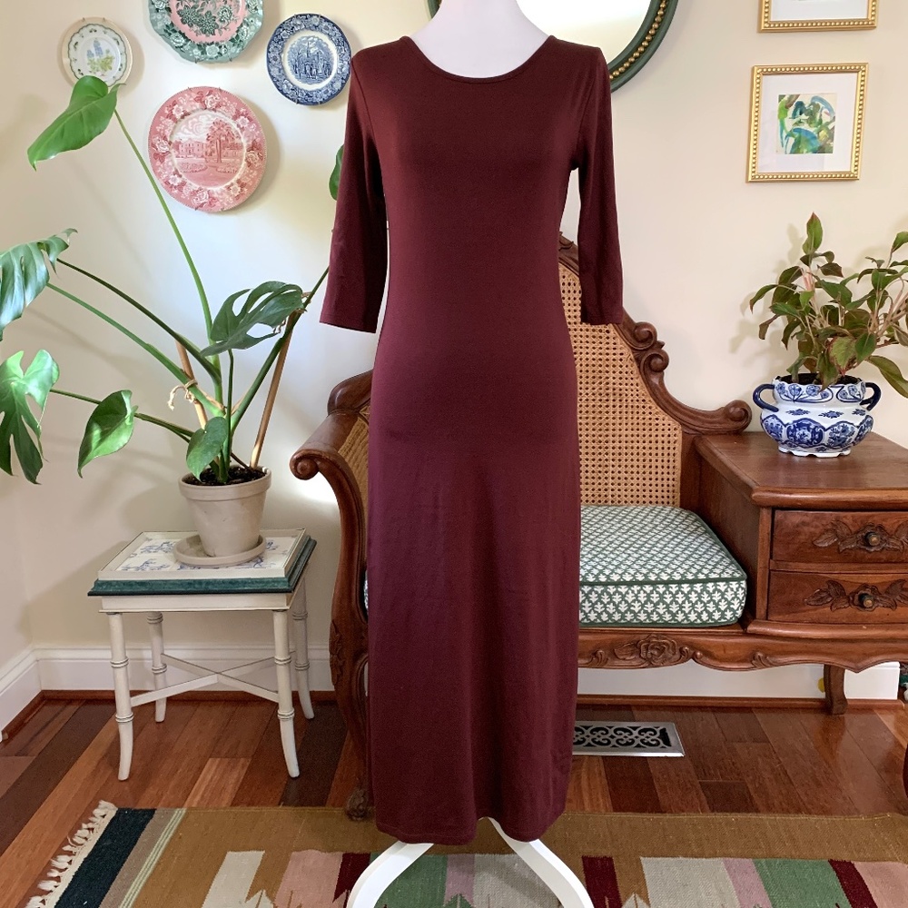 Peruvian Connection Pima Cotton Tee T Shirt Midi Dress Burgundy Maroon XS